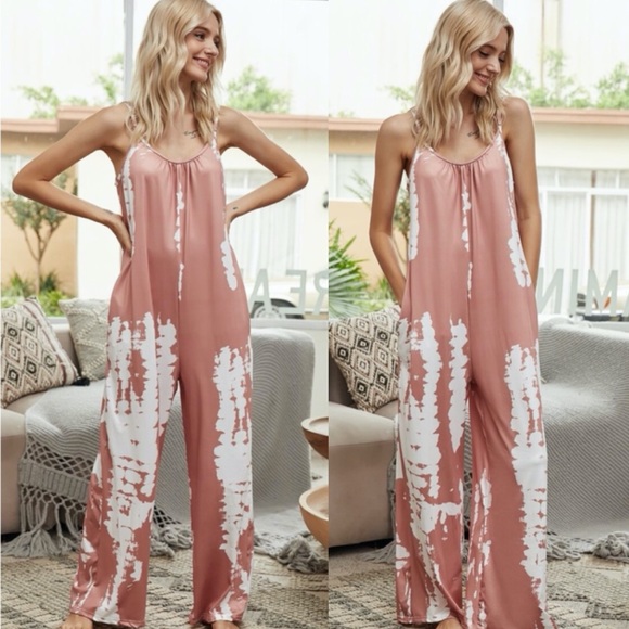 Boho dark gray tie dye wide leg pockets cami jumpsuit - Picture 5 of 11